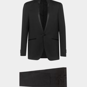 Abito da sera Venezia in tessuto lucido nero  con collo alla coreana