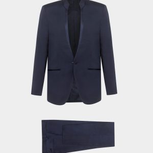 Abito da sera Venezia in tessuto lucido blu navy  con collo alla coreana