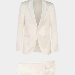 Abito da sera Venezia in tessuto satinato bianco avorio con rever a scialle