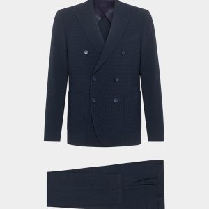 Abito doppiopetto in seersucker di cotone con fantasia pied de poule blu