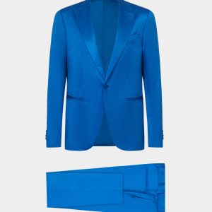 Abito da sera Venezia in tessuto satinato blu elettrico con rever a lancia