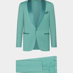 Abito da sera Venezia in tessuto lucido verde giada con rever a scialle