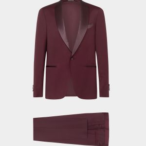 Abito da sera Venezia in tessuto lucido rosso barolo con rever a scialle